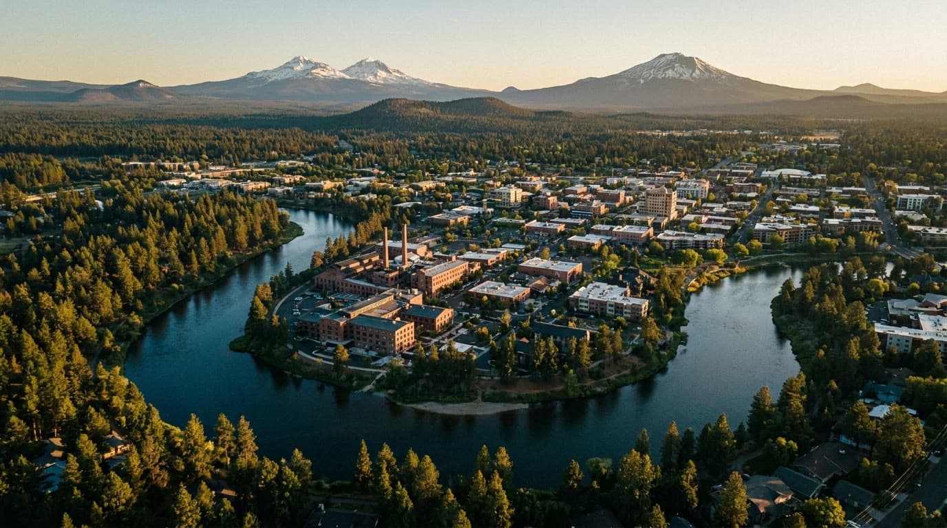 Aerial view of the Deschutes River curving through Bend, Oregon at golden hour